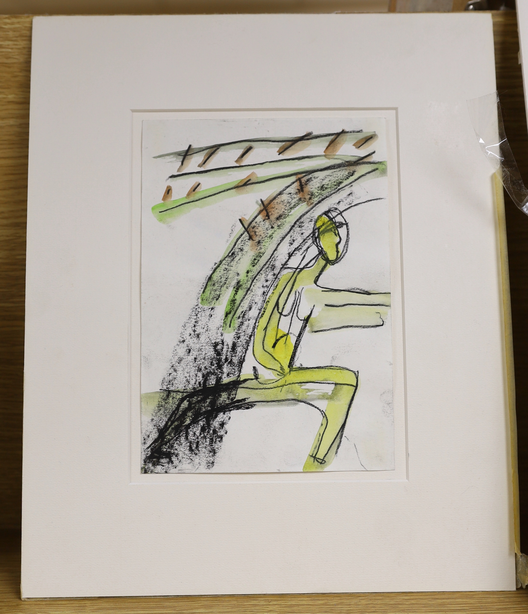 Hunter, mixed media, crayon and watercolour on paper, Figural study, 21 x 14cm, mounted, unframed